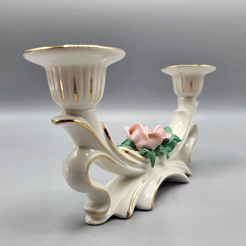 Vtg Dresden Porcelain Rose Double Candle Holder Candlestick Set of 2 Germany